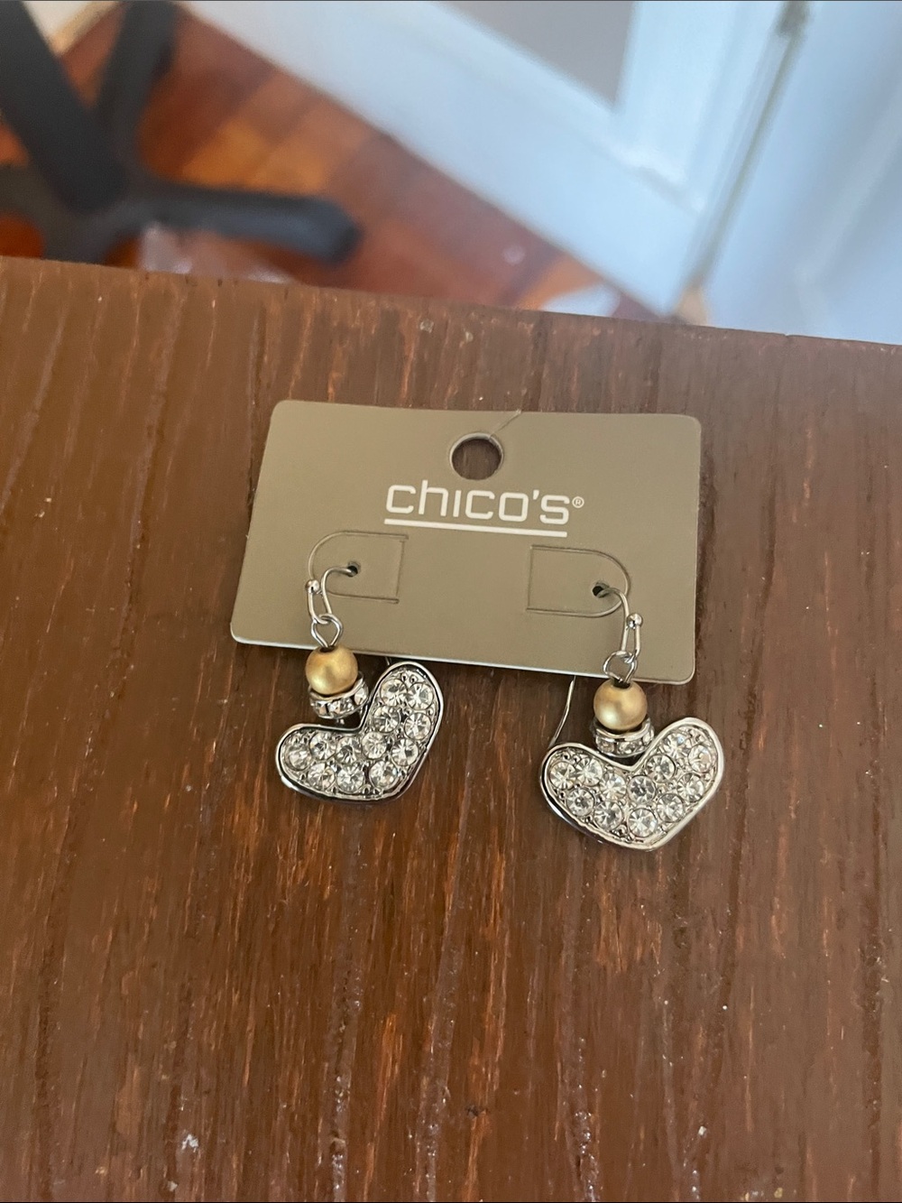 Chico's Silver Crystal and Gold Bead Heart Drop Earrings NWT
